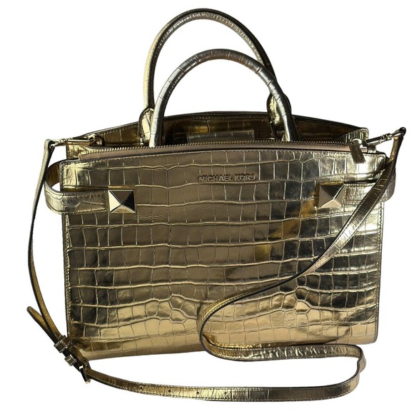 Michael Kors Gold Karla Satchel Shoulder Bag Handbag Purse Embossed Leather - Picture 5 of 16